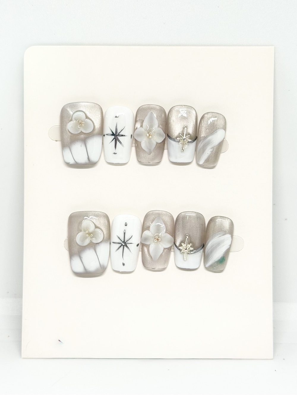 Neutral Pearl Floral Press-On Nails - White & Silver